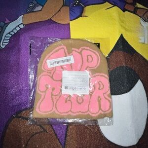 Beanie Hat with Pink Graphic Text on Tan